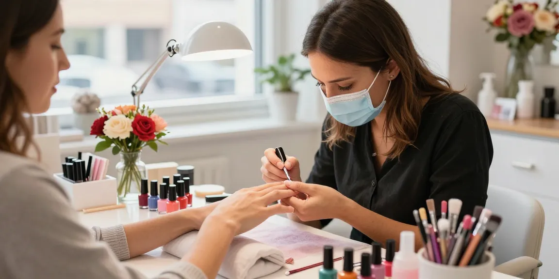 Paradise Nail Beauty: Manicure and beauty services in a vibrant salon with colorful nail polishes and a modern atmosphere.