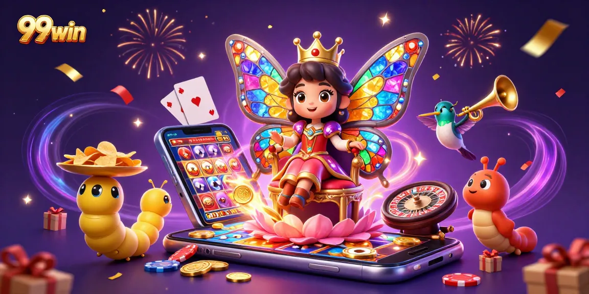 Experience excitement at 99win with a vibrant casino scene featuring the butterfly queen reigning over games.
