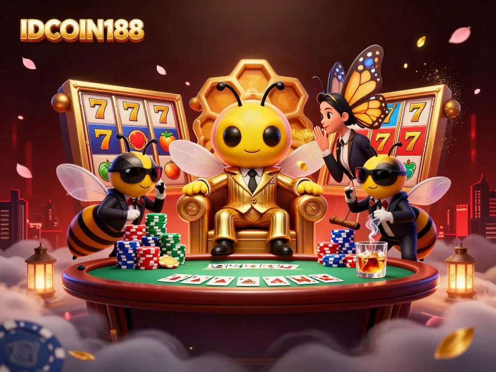 IDCOIN188 showcases vibrant slot reels and casino characters, capturing excitement in online gaming.