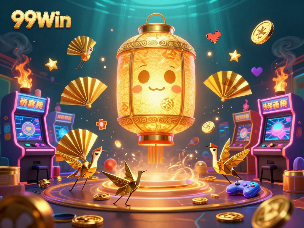 Experience the thrill of 99Win with colorful 3D characters and arcade elements in a vibrant casino scene.