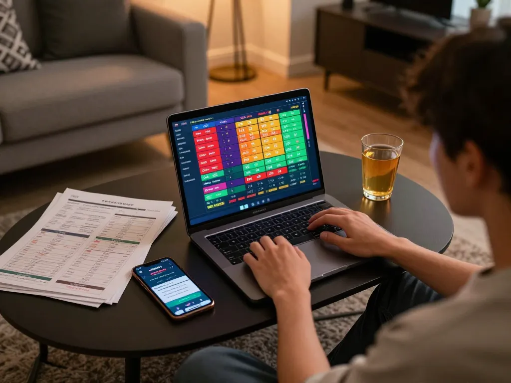 Engaging online togel sgp betting scene with a person on a cozy sofa checking live results.