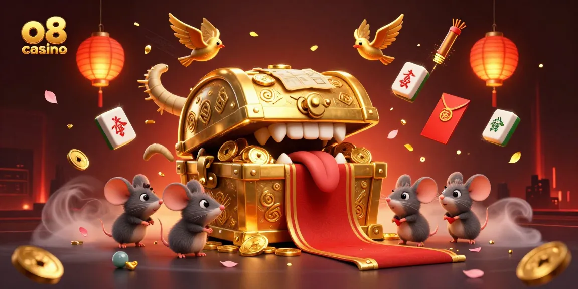 Experience the thrill of o8 casino with a treasure chest and vibrant gaming elements in a rich 3D illustration.