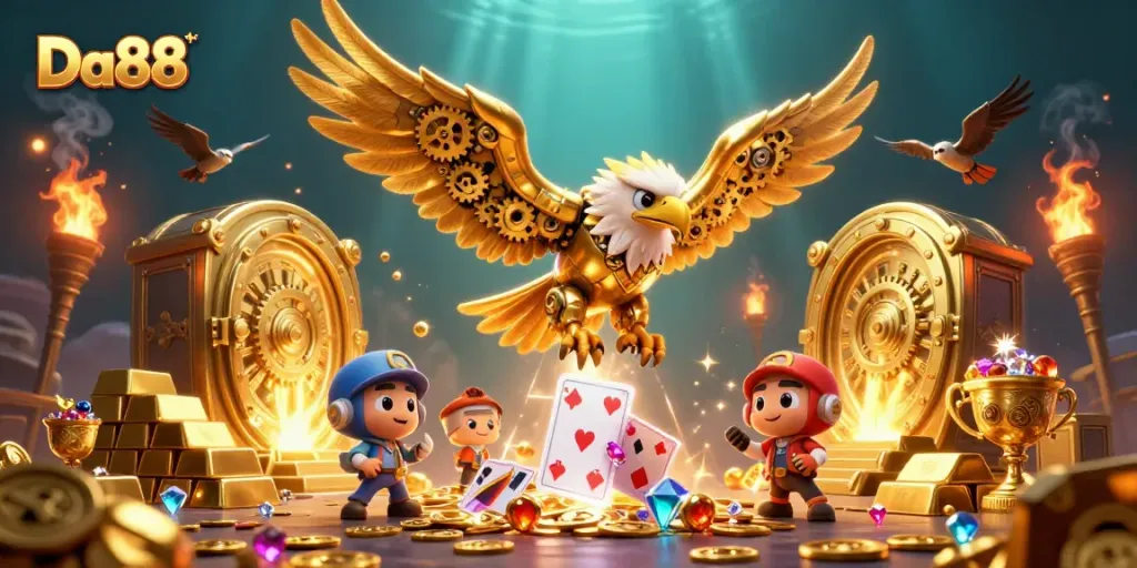Experience winning thrills at Da88 with a golden eagle soaring through card chaos