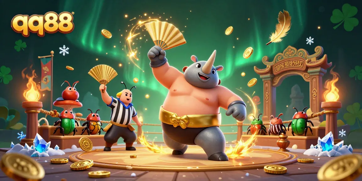 Experience the excitement of qq88 as a rhinoceros beetle sumo champion takes center stage in a vibrant gambling arena.