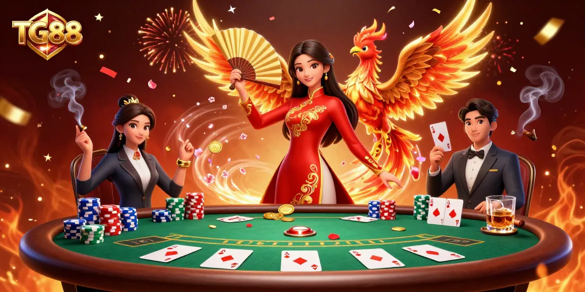 Experience the excitement of TG88 with a vibrant 3D casino scene featuring iconic elements of poker.