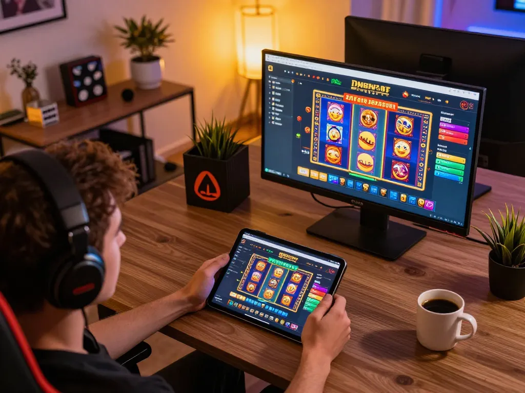 Engage with DAFTAR IDNSCORE on an interactive tablet while enjoying a cozy home gaming setup.
