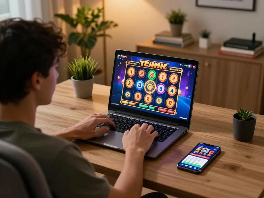 Người chơi LUCK8 đang tận hưởng một trò chơi slot hấp dẫn trên laptop trong một không gian ấm cúng, thể hiện trải nghiệm chơi game đầy năng động