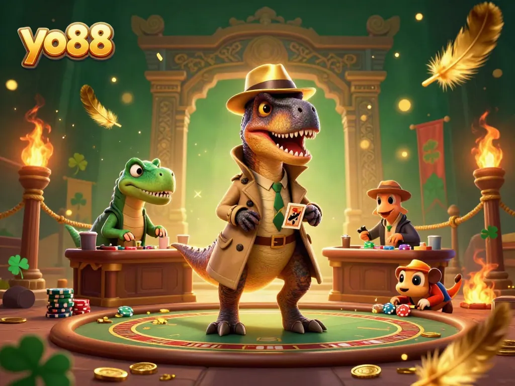 Engage in thrilling gameplay at yo88 featuring a whimsical cartoon casino scene with vibrant characters and betting elements.
