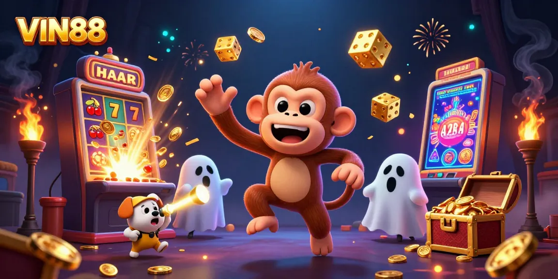 VIN88 showcases winnings in a vibrant casino scene with golden coins and playful characters.