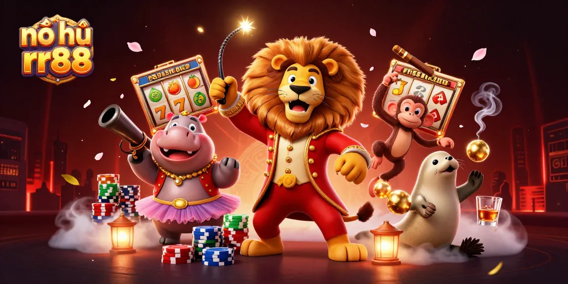 Nổ hũ rr88 showcases an exciting scene with a lion ringmaster, jackpot reels, and vibrant casino elements.