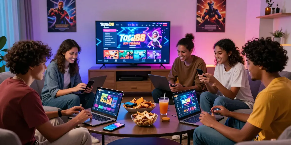 Togel88 Rtp Terbaru gaming night scene with friends using devices in a cozy living room, enhancing community experience.