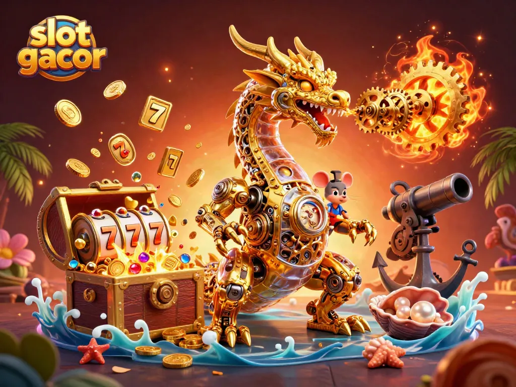 Experience slot gacor excitement with dynamic 3D casino scene featuring a golden dragon, treasure, and spinning slots