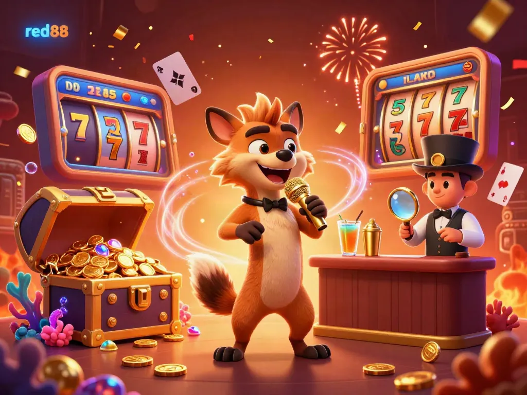 Experience the excitement of red88's online casino featuring lively hyena characters, dynamic gaming elements, and vibrant colors.