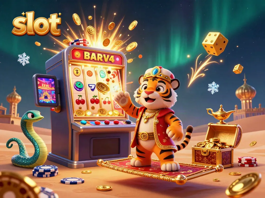 Experience vibrant 3D scene with a slot machine bursting with jackpot coins and thematic characters.