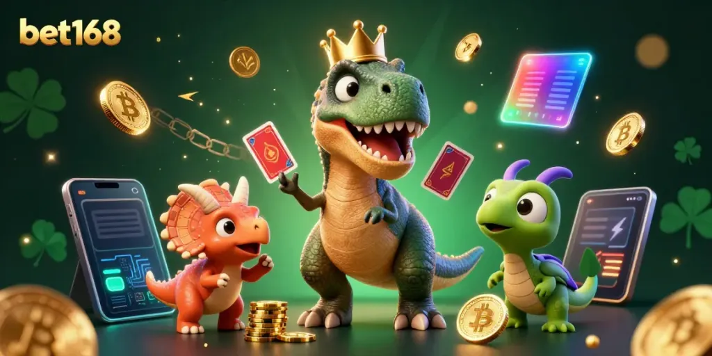 Engage in thrilling gambling at bet168 with cartoon dinosaurs in a vibrant casino scene.