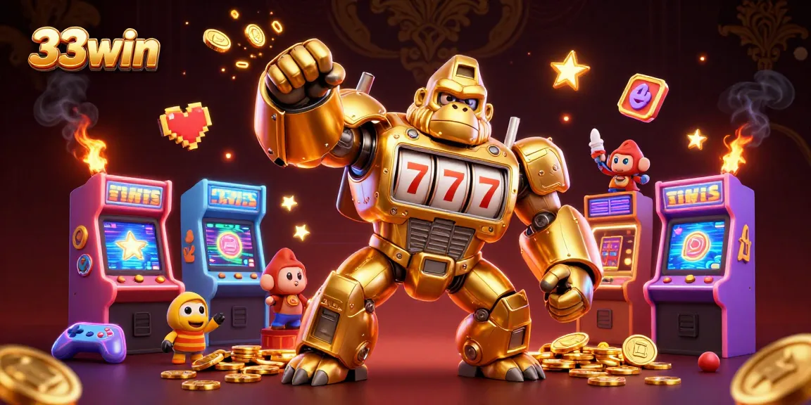 33win players engage thrillingly with casino games in a vibrant, dynamic 3D illustration.