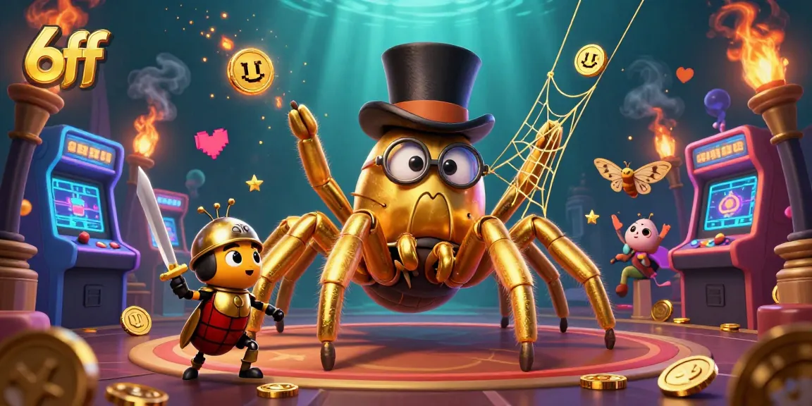 Experience thrilling wins at 6ff, featuring a golden tarantula and casino games in a vibrant scene.