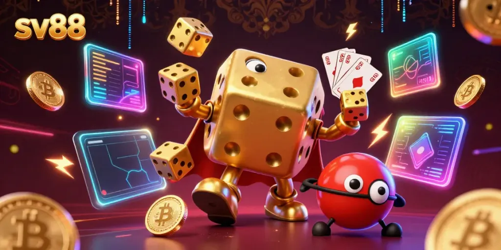 Experience the thrill of sv88 with a dynamic scene featuring a golden dice golem, juggling interactive game elements.
