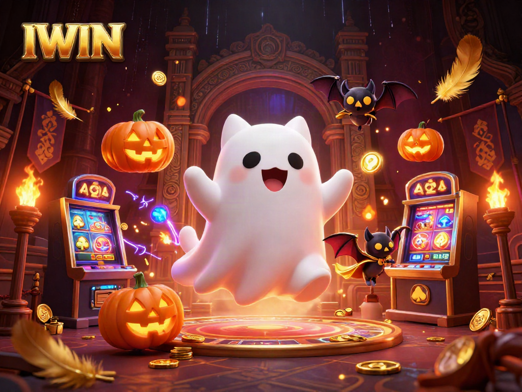 IWIN showcases a vibrant ghost cat in a haunted casino with glowing jack-o-lanterns and dynamic game elements.