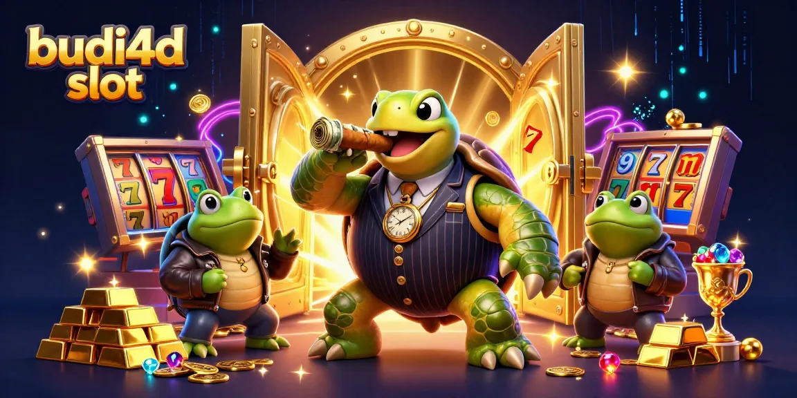 Experience the thrill of budi4d slot with a vibrant casino scene featuring a snapping turtle and bullfrogs.