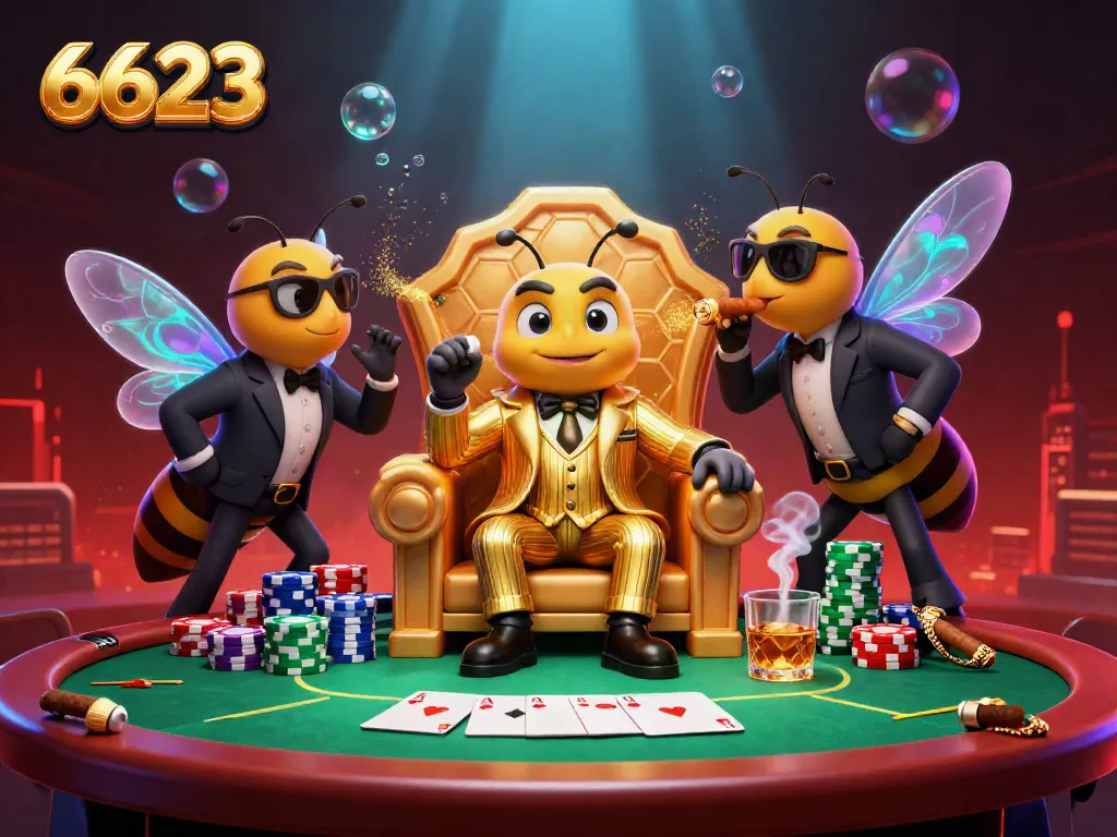 Engage with 6623 through an exciting poker game scene featuring a bumblebee mob boss in a vibrant casino setting.