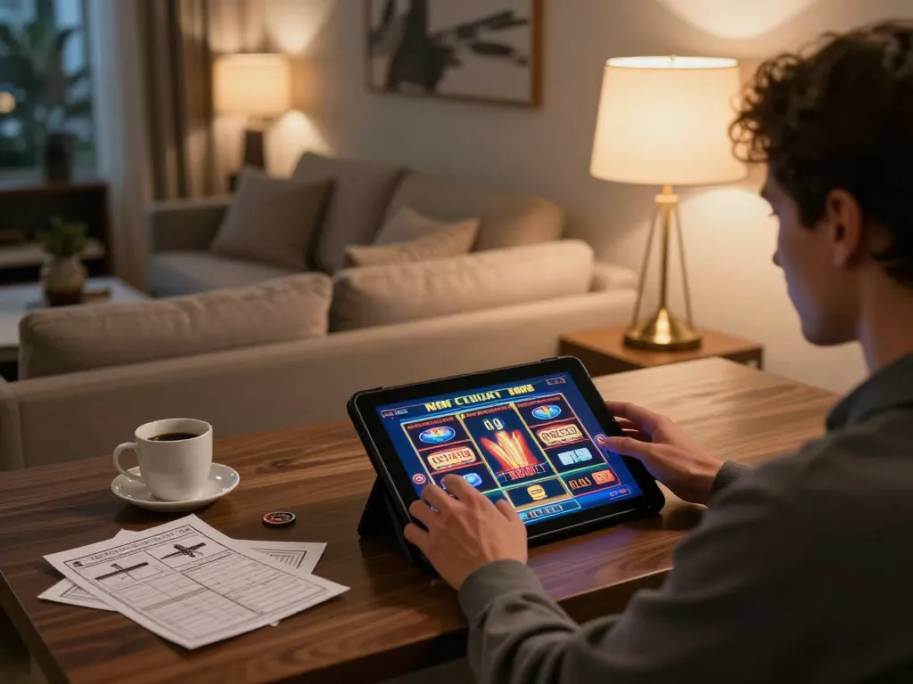 Player enjoying a slot game on a tablet, illustrating the RR88 online casino experience in a cozy setting.