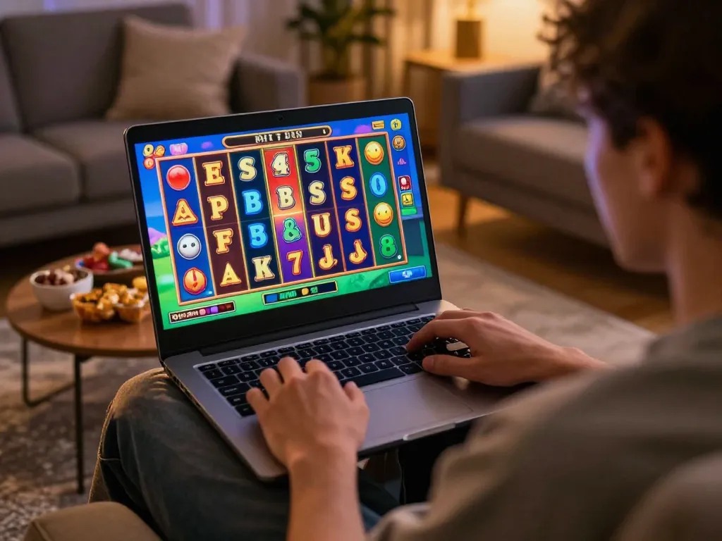 Player spinning the reels on sunwin online casino slot game in a cozy living room.
