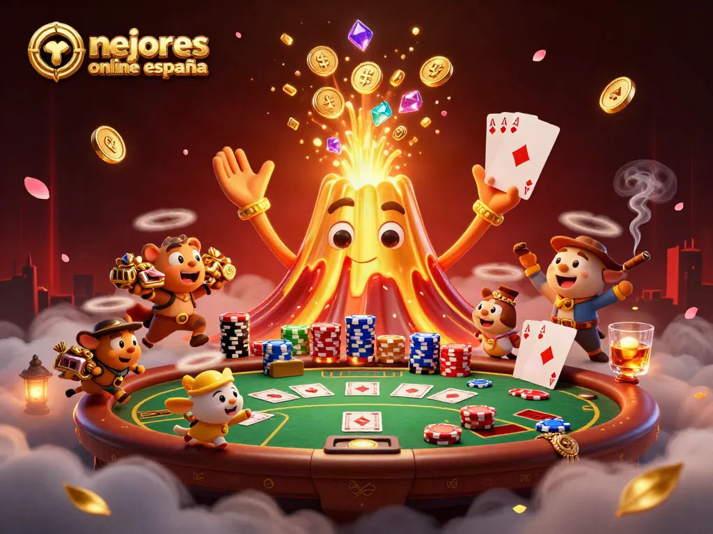 Imágenes de los mejores casinos online España con un volcán de oro y tesoros en acción.