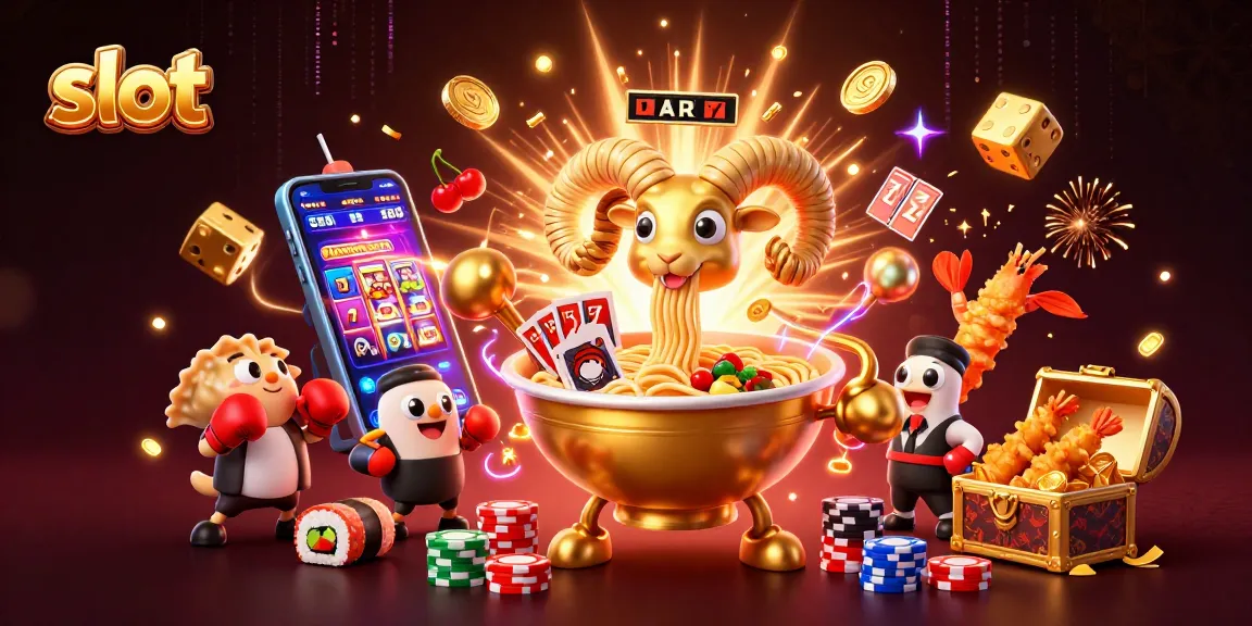Spin the slot with a giant ramen bowl character, cards, and jackpots exploding in gold.