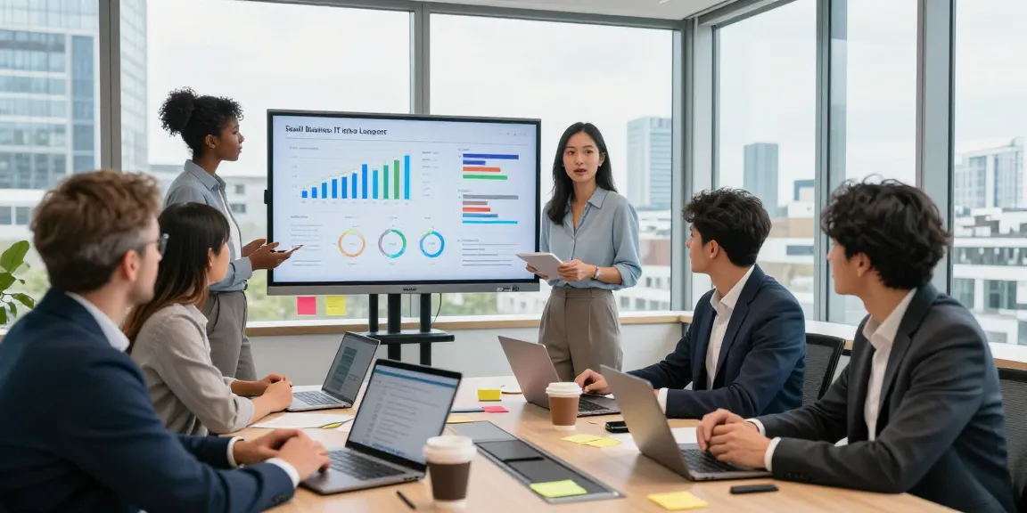 Team collaboration in London for small business IT support, highlighting data-driven discussions and innovative solutions.