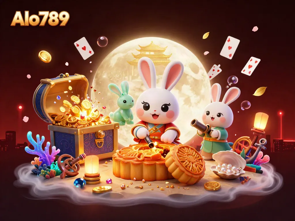 Alo789 showcases a dynamic illustration with a moon rabbit revealing poker chips, surrounded by glowing treasures and casino elements.