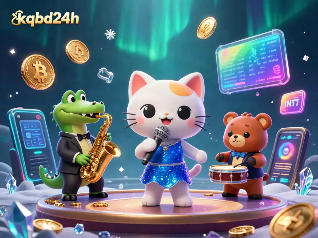 Engage with kqbd24h's vibrant casino scene, featuring a feline jazz singer and animated characters surrounded by crypto elements.