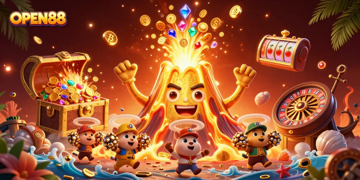 Experience exciting treasures at OPEN88 with vibrant 3D casino-themed illustration featuring dynamic games and rich rewards.