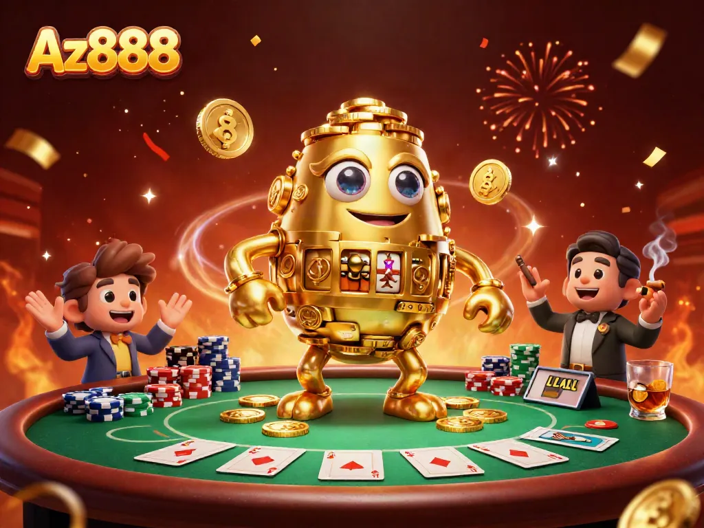 Az888 golem emulating casino excitement with poker elements and vibrant confetti in a festive atmosphere