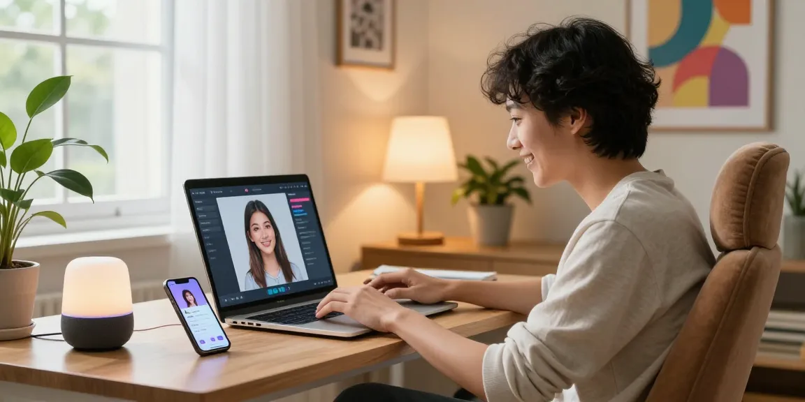 Person interacting with ai gf app in a cozy office setting, showcasing modern digital romance.