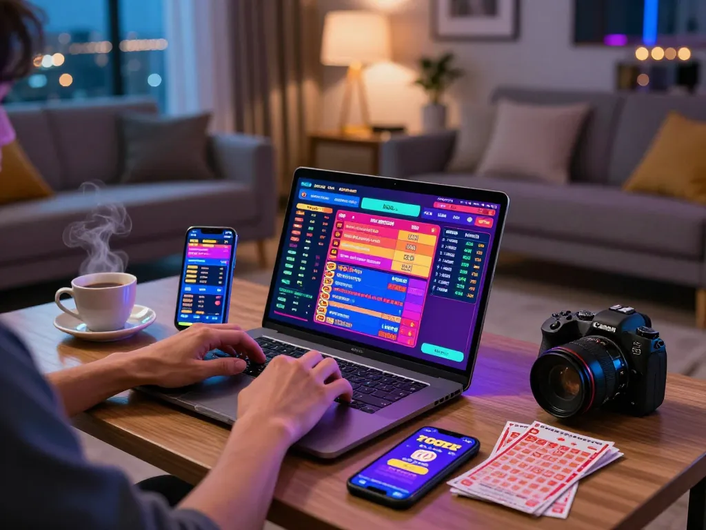Person enjoying wraungtoto online gaming, surrounded by vibrant screens, in a modern living room.