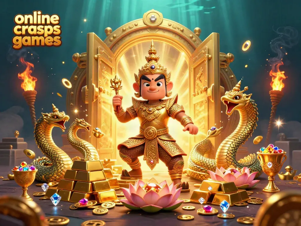 Experience thrilling online craps games with 3D guardian and treasure elements in this vibrant casino illustration.