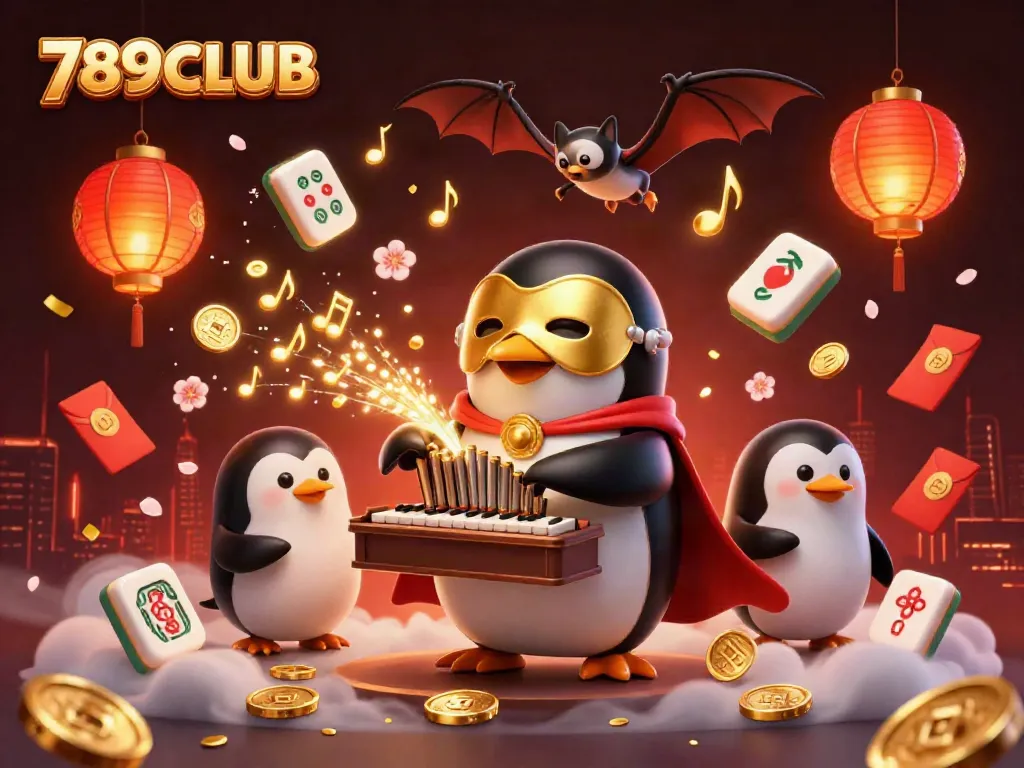 Experience the excitement of 789CLUB with a dynamic scene of a whimsical penguin playing the organ amidst floating casino elements.
