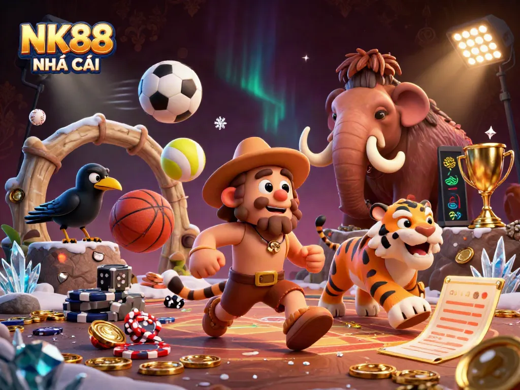 Play thrilling games at NK88 NHÀ CÁI, featuring a vibrant prehistoric casino scene.