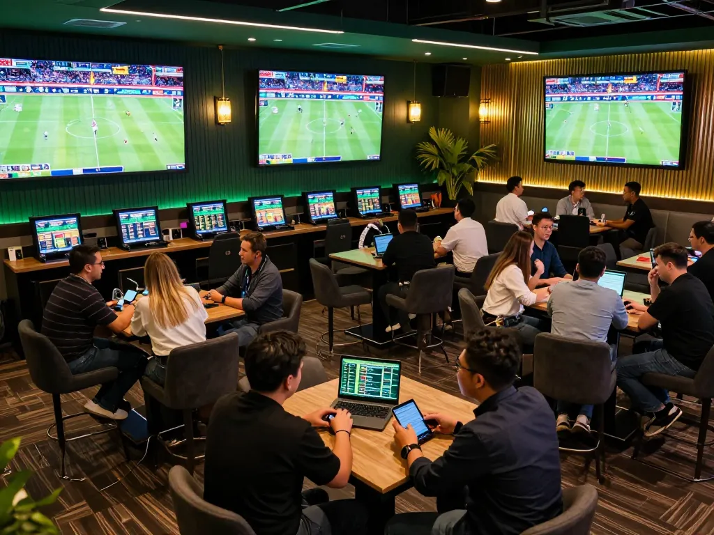 View of a lively sports betting lounge, patrons excitedly analyzing kèo nhà cái on screens and devices