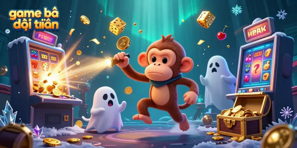 Engage in thrilling game bài đổi thưởng as a poltergeist monkey juggles casino treasures while a puppy investigates.