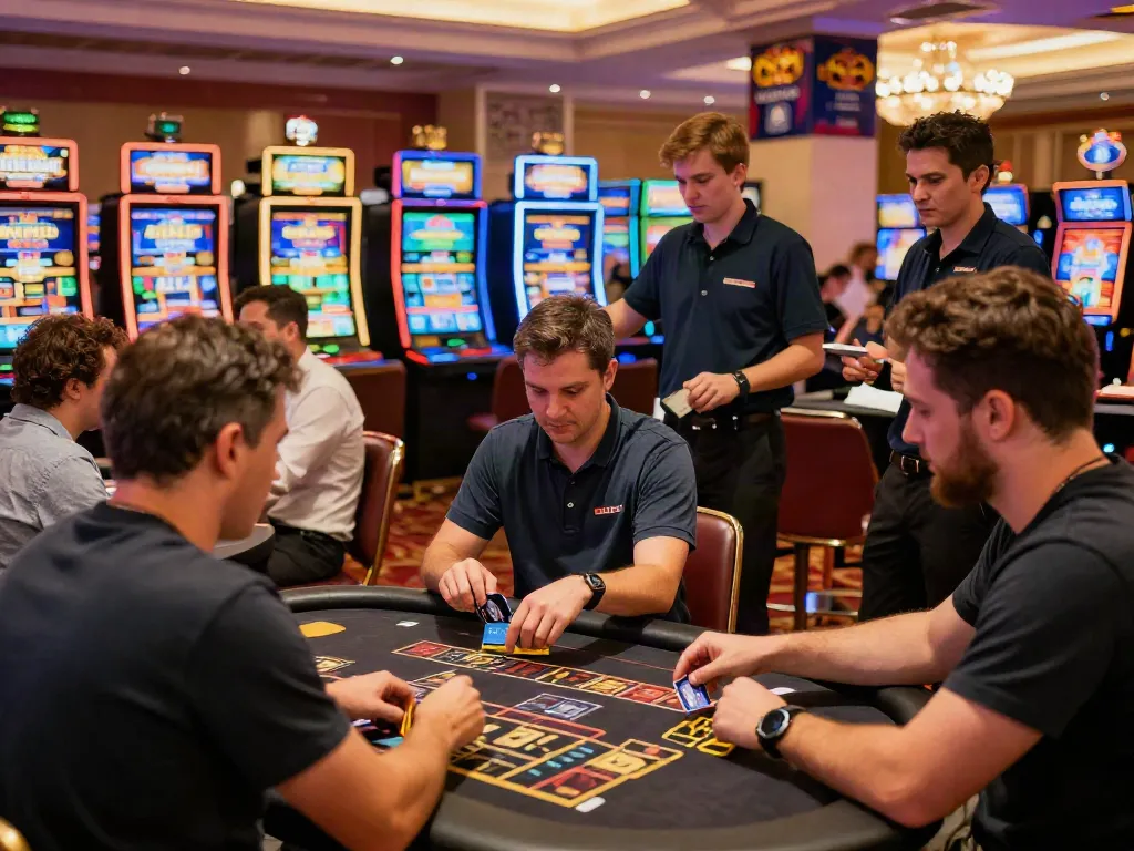 Dynamic casino scene showcasing credit card casinos UK with players engaging in gaming and vibrant slot machines.