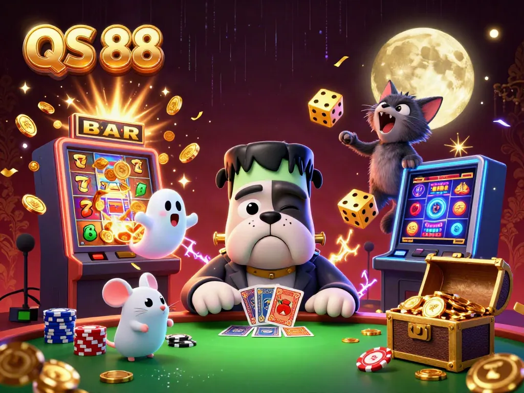 QS 88 featuring a 3D cartoon Frankenstein bulldog dealing cards at a spooky casino table