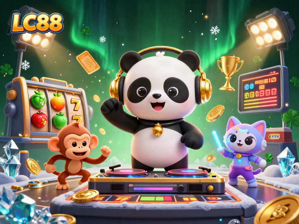 Engage in the excitement of LC88 with a vibrant illustration showcasing a DJ panda and fun gambling elements.
