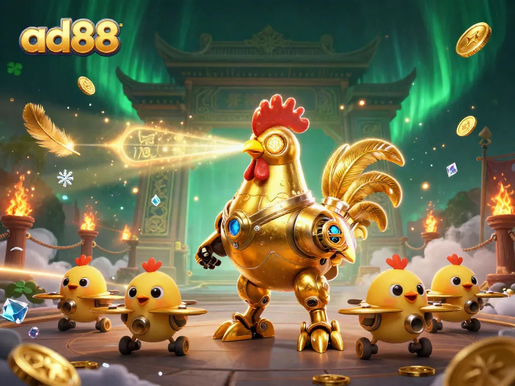 Engage with ad88's thrilling gaming environment featuring a laser-shooting golden rooster and baby chick drones.