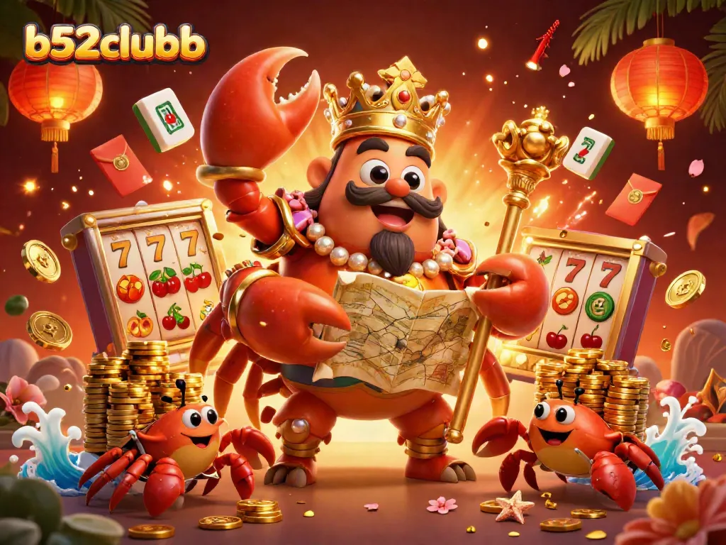 Experience the thrill of winning at b52clubb with a vibrant illustration of a golden crab emperor surrounded by slot reels and lucky symbols.