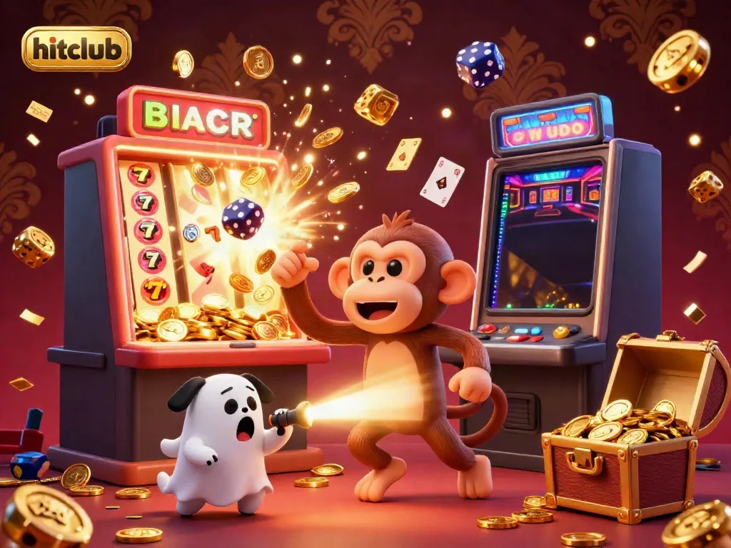 hitclub gambling scene with a mischievous monkey and ghost-hunter puppy amidst a vibrant casino atmosphere