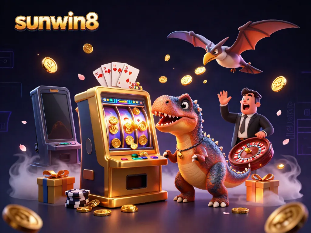Sunwin8 jackpots fly as a dinosaur hits a golden slot machine, surrounded by vibrant casino elements.