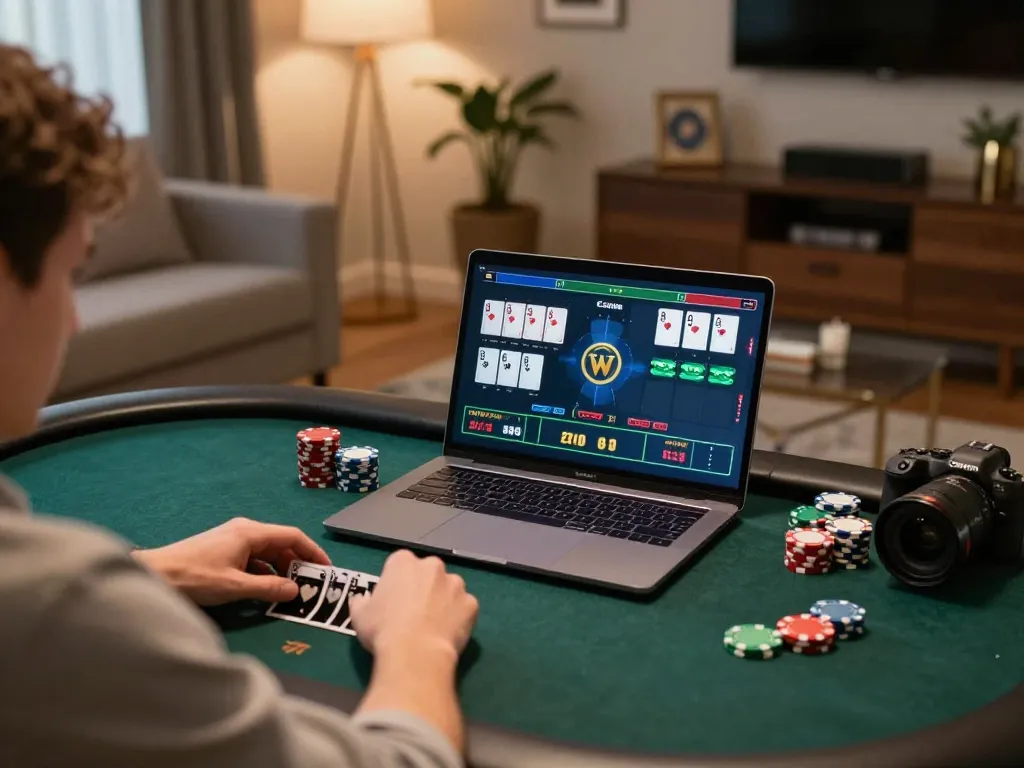 Engaged player enjoying online casino action with nhacaiuytinn playing poker on a laptop in a cozy setting