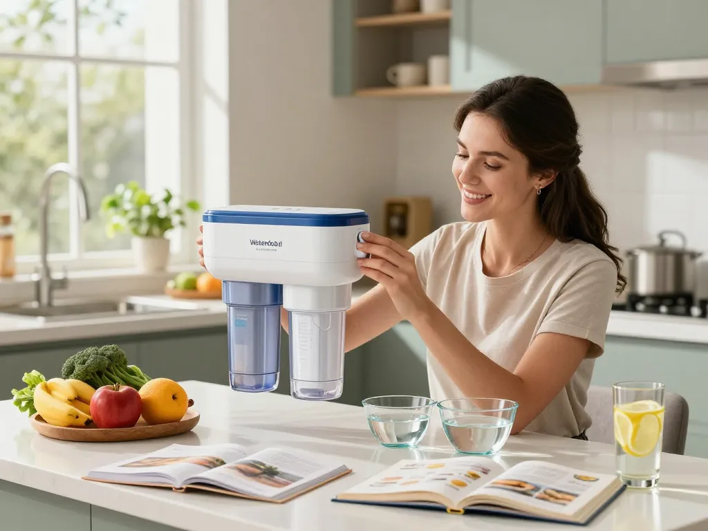 Woman installing Waterdrop Plus WDP-F13 Reduce Lead&PFAS filter in a modern kitchen filled with fresh produce.